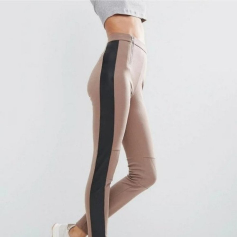 Club Monaco Tan Skinny Pants with Faux Leather Detailing